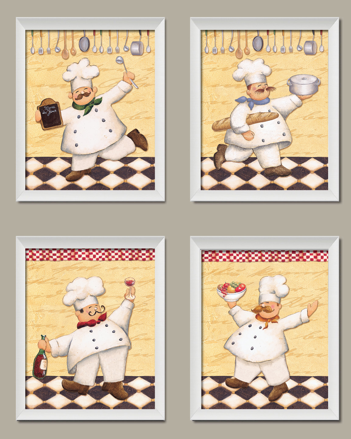 4 Happy French Chef Set; Kitchen Decor; Four White Framed Prints; Ready