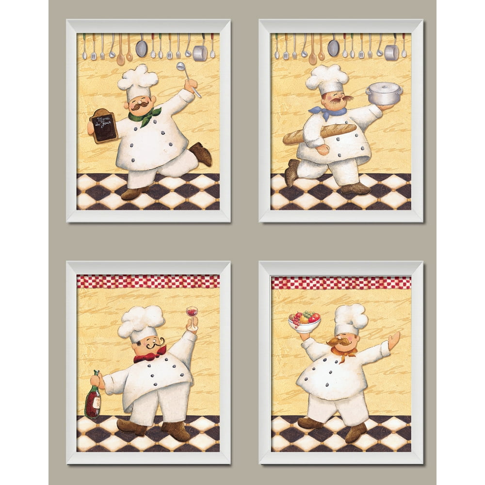 4 Happy French Chef Set; Kitchen Decor; Four White Framed Prints; Ready