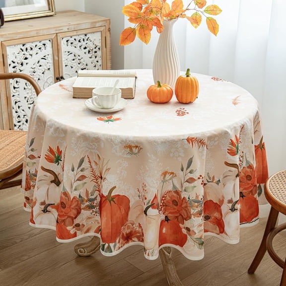 Thanksgiving Waterproof Tablecloth – Beige Watercolor Pumpkin, Leaf & Floral Design – Fall Harvest Table Cover for Thanksgiving Dinner and Autumn Home Decor, 60" Round