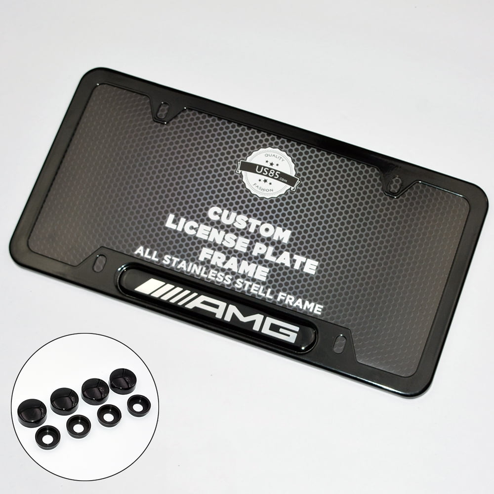 Matte Black Yuanxi Electronics 2 Pieces Stainless Steel Mercedes-Benz License Plate Frame with Screw Caps Cover Set 