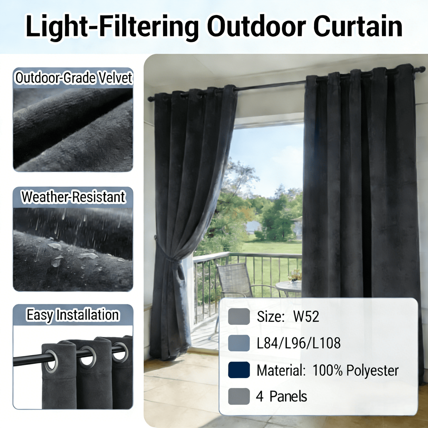 SNITIE Velvet Outdoor Curtains 52x84/96/108 Inch Set of 4 - Grommet Top, UV & Water Resistant, Fade-Resistant, Machine Washable for Gazebo Patio Porch