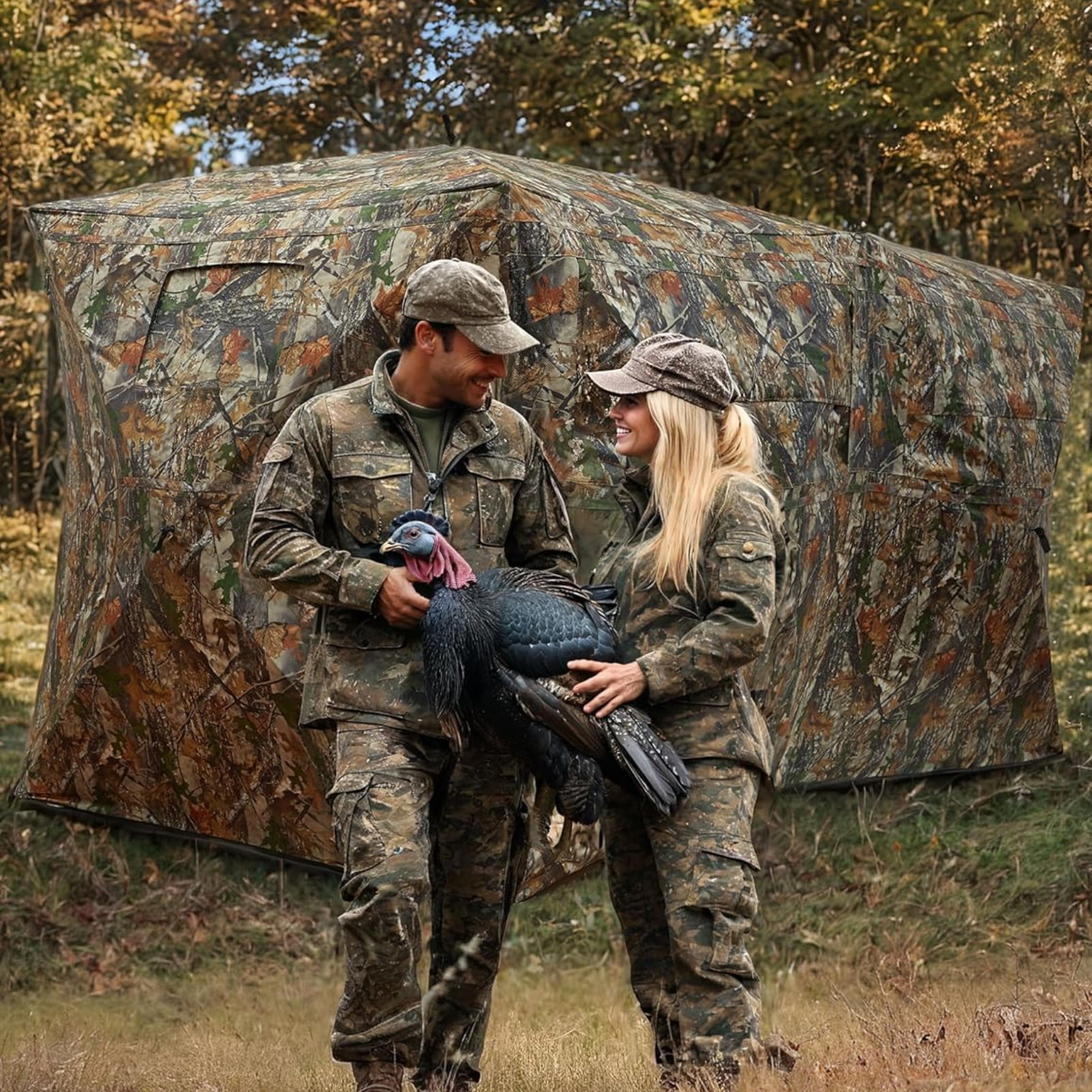 M optimized Portable Hunting Blind 270 Degree See Through 4-6 Person Pop up Ground Blinds for Deer Turkey Duck Hunting, Bow Hunting Adjust Windows with Silent Door