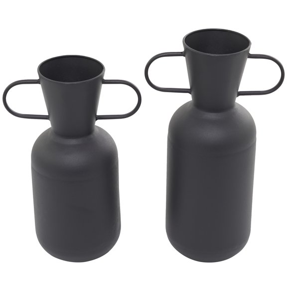 DecMode 17", 15"H Black Metal Vase with Handles, Set of 2