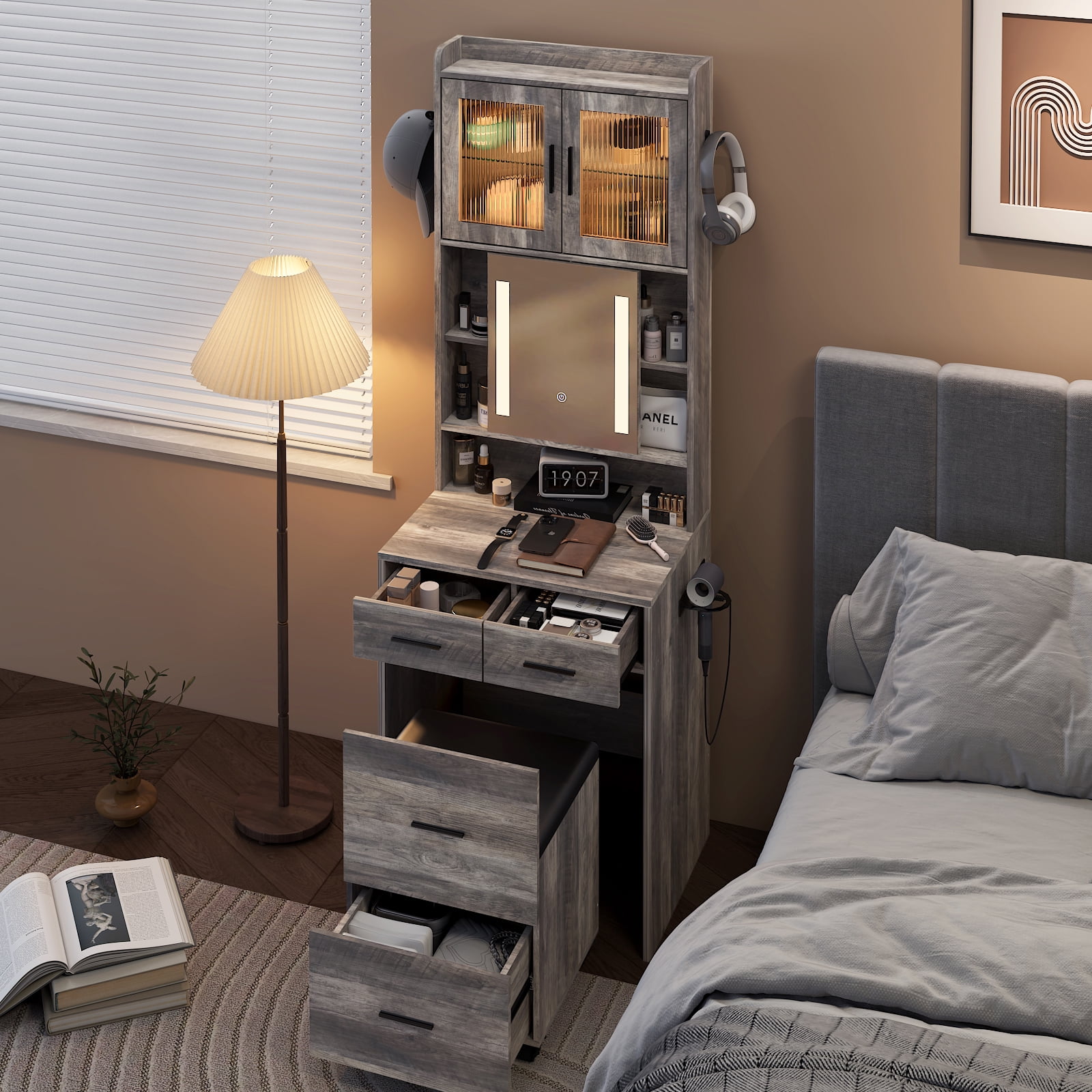 Ktaxon Makeup Vanity Table for Small Spaces, Vanity Table Set with Charging Station and Sliding Mirror, Bedroom Makeup Table, Gray