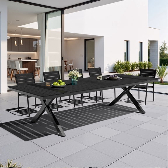 Crestlive Products 118" Outdoor Dining Table for 8-12, Aluminum Sturdy Frame with Umbrella Hole, Black Wood-Grain Top