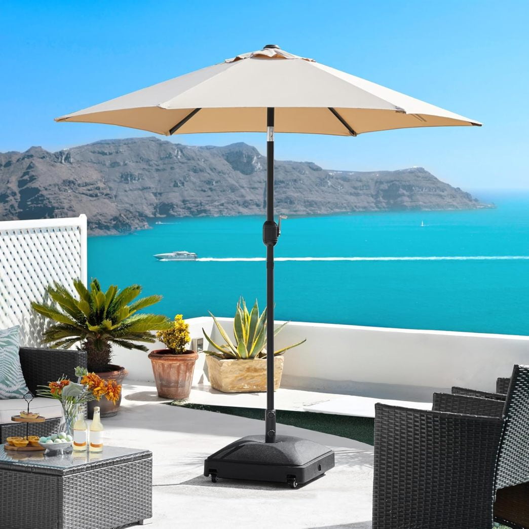 WJSP Fillable Mobile Umbrella Base, Heavy Duty Patio Umbrella Pole Holder for Outdoor 4 Wheels, 2 Locks 2 Knobs 123lb Capacity for Deck, Poolside, Garden, Black
