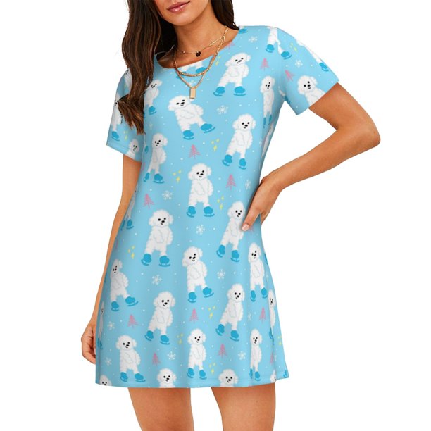 Fotbe Skating Poodle Fun Bata de Dormir para Mujer con Estampado, Camisón de Algodón de Manga Corta, Ropa de Dormir Casual
