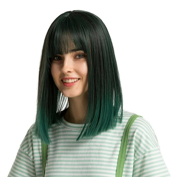 Pelucas de pelo corto verde de 15 "para niñas, hasta los hombros Peluca de mujer Cabello sintético liso resistente al calor con gorra de Sunnimix Las mujeres pelucas cortas de Bob