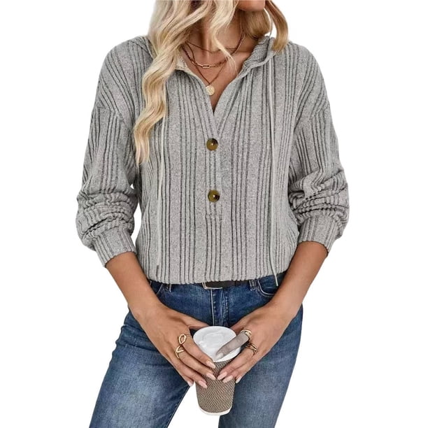 Sudadera con Capucha Extragrande de Otoño para Mujer, con Cuello en V y Larga. Gris M