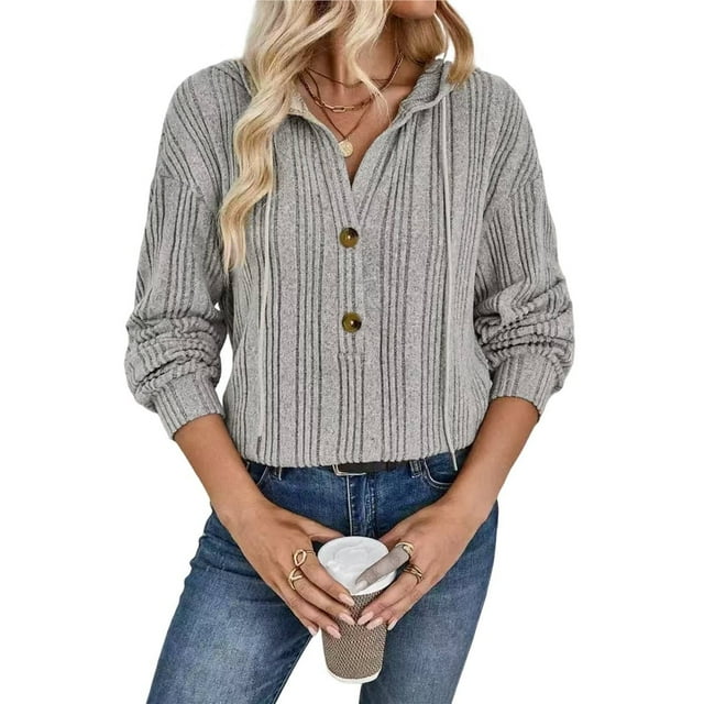 Sudadera con Capucha Extragrande de Otoño para Mujer, con Cuello en V y Larga. Gris L
