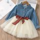 thumbnail image 3 of Vestido de moda para niñas de primavera y otoño, linda falda de malla de costura de vaquero + conjunto de cinturón de punta de onda desmontable, 3 of 6