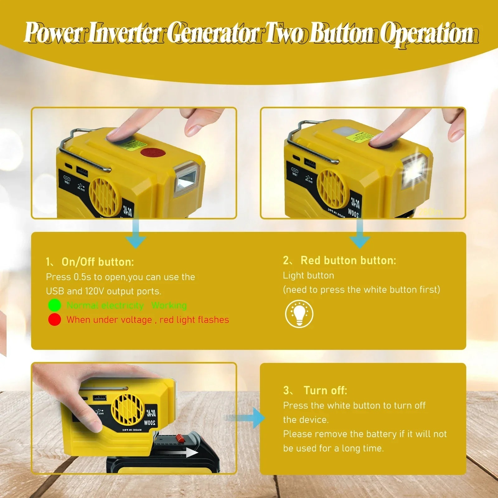 200W Portable Power Inverter Outdoor Mobile Lithium Battery Inverter with LED Light 18V 20V Li-ion Battery ,Easy to Use