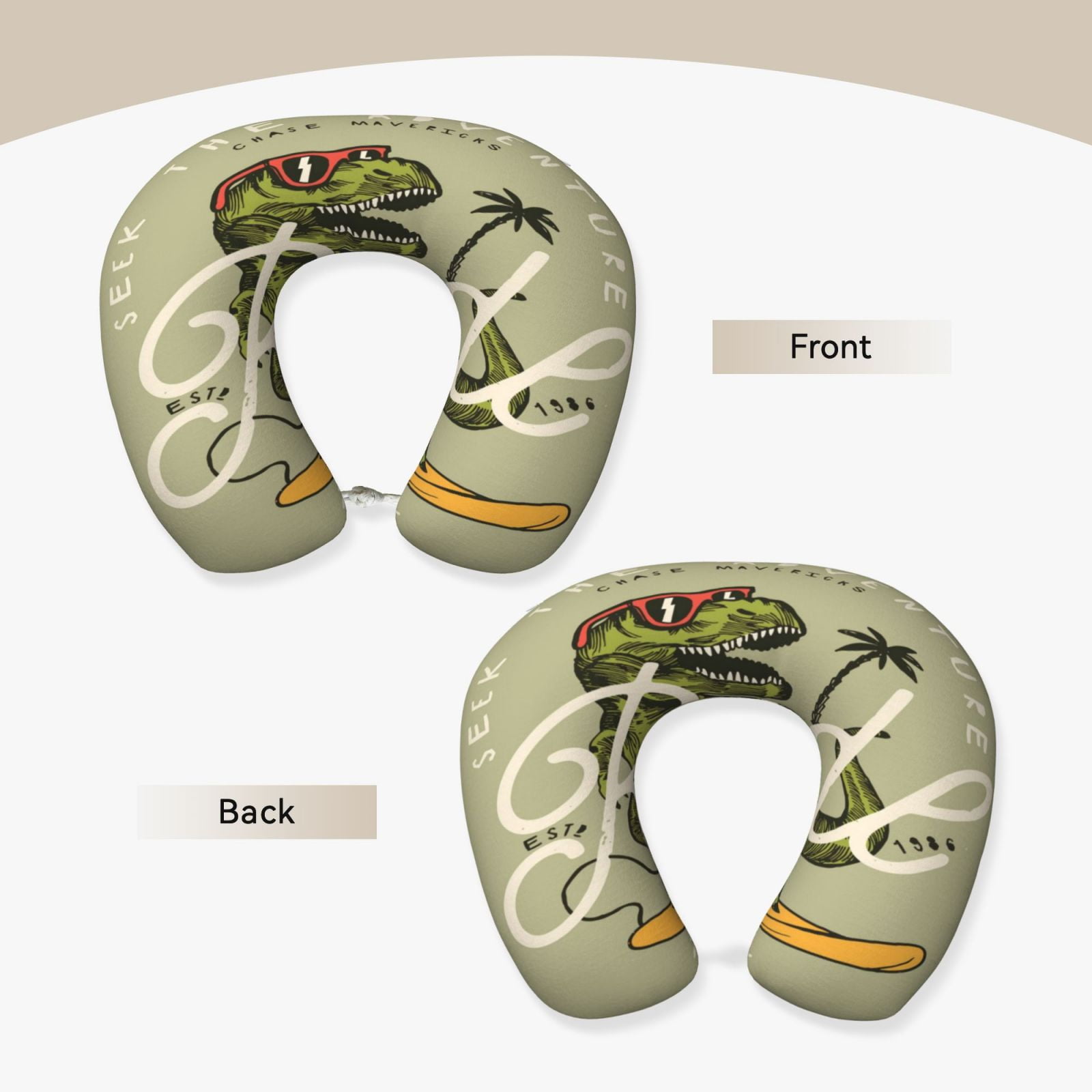 Xecao Dinosaur Print Memory Foam Cervical Neck Pillow Versatile U-Shaped Pillows for Home,Office,Camping,Travelling,Soft Washable Cover