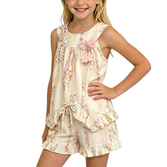 WRKEKC Girls 2 piece Outfits Floral Print Round Neck Sleeveless Camisole Top and Shorts Set for 0-10 Years