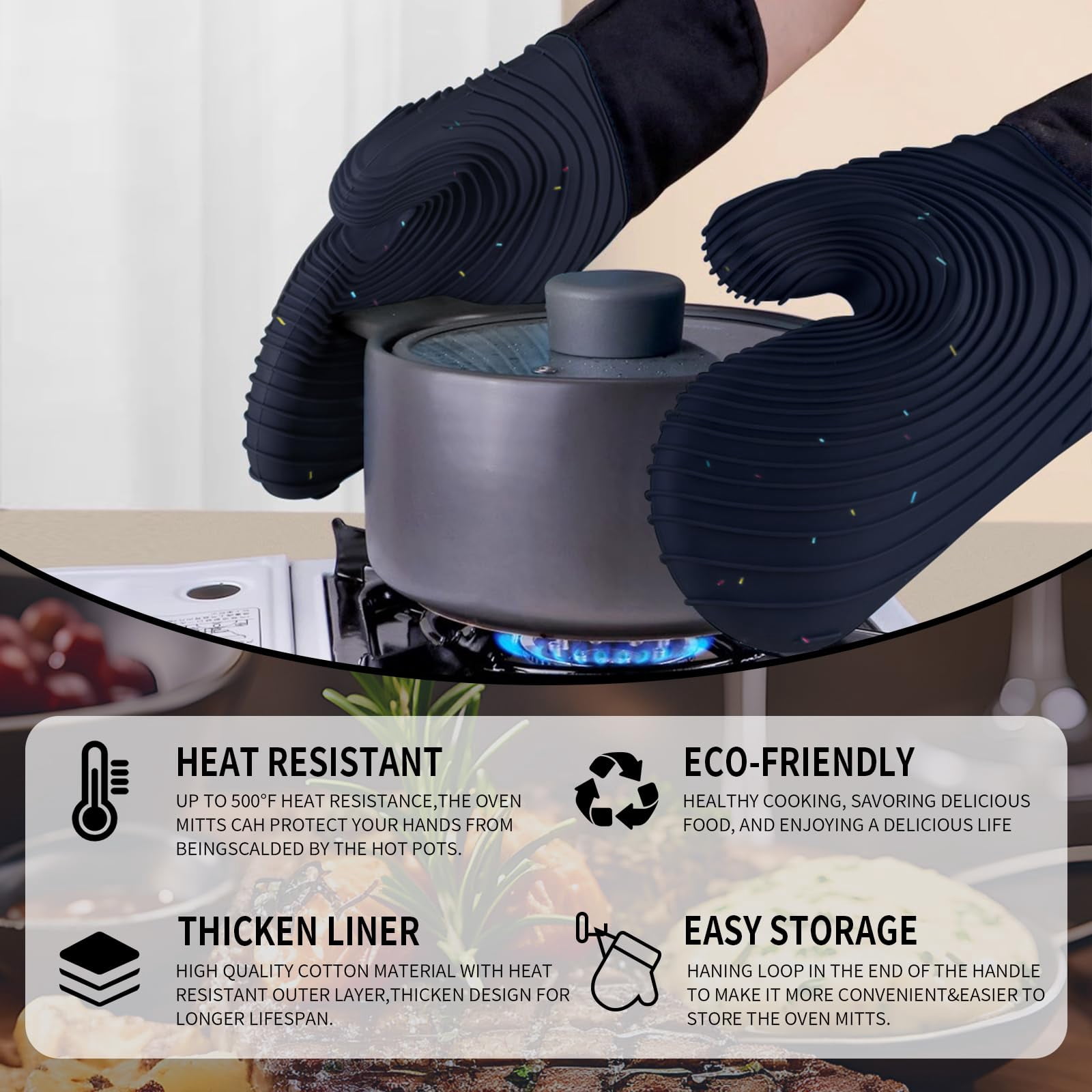 Oven Mitts Darkgrey 4-Piece Silicone Cotton Lined Set for Cooking Baking BBQ