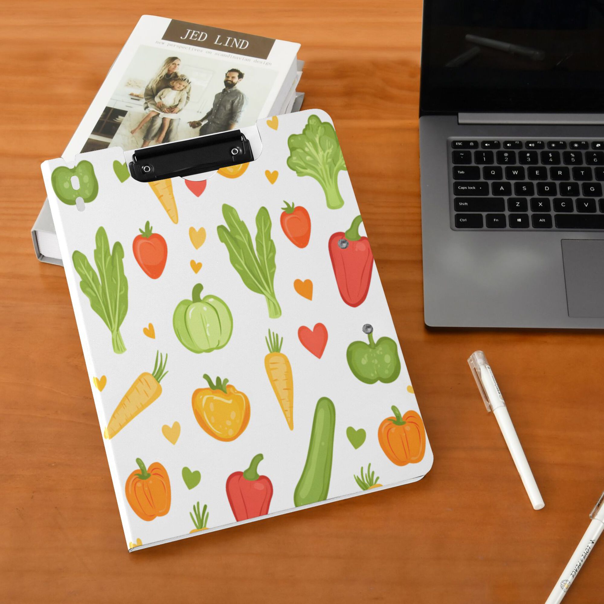 FORMRS A4 Clipboard Folder with Pen Holder Horizontal Foldable School Office Binder, White Vegetables Pattern