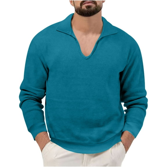 HOOMEUMY Mens Knitted Pullover Sweaters Stretch Blouse Casual Basic Long Sleeve Shirts Fashion 2025 Trendy Classic Solid Design Turndown Collar Tops Blue M