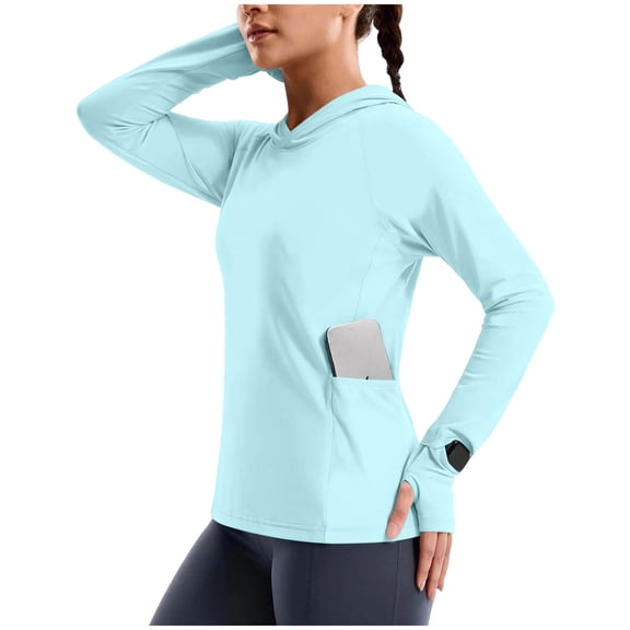 hoksml Women's UPF 50 Sun Protection Hooded Long Sleeve Workout Top with Thumbholes and Side Pockets, Athletic Shirt for Running Hiking