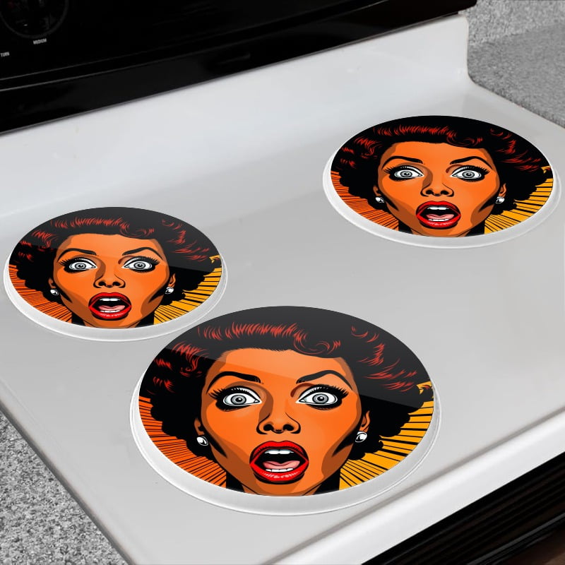 BaHomeck Electric Stove Burner Covers Set of 4,Round Metal Gas Stove Burner Covers 8 Inch and 10 Inch,Kitchen Decor,Black Woman With Shocked Facial Expression