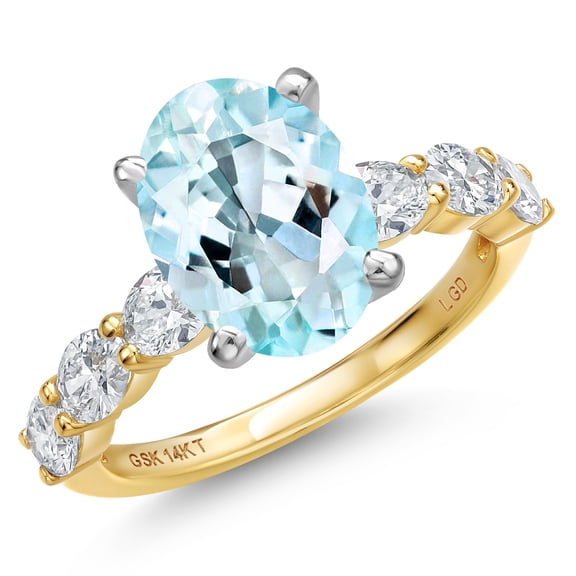 Gem Stone King 14K Two Tone Gold Sky Blue Topaz and Lab Grown Diamond Engagement Ring for Women | 5.40 Cttw | Oval 11X9MM | Gemstone November Birthstone | Size 5