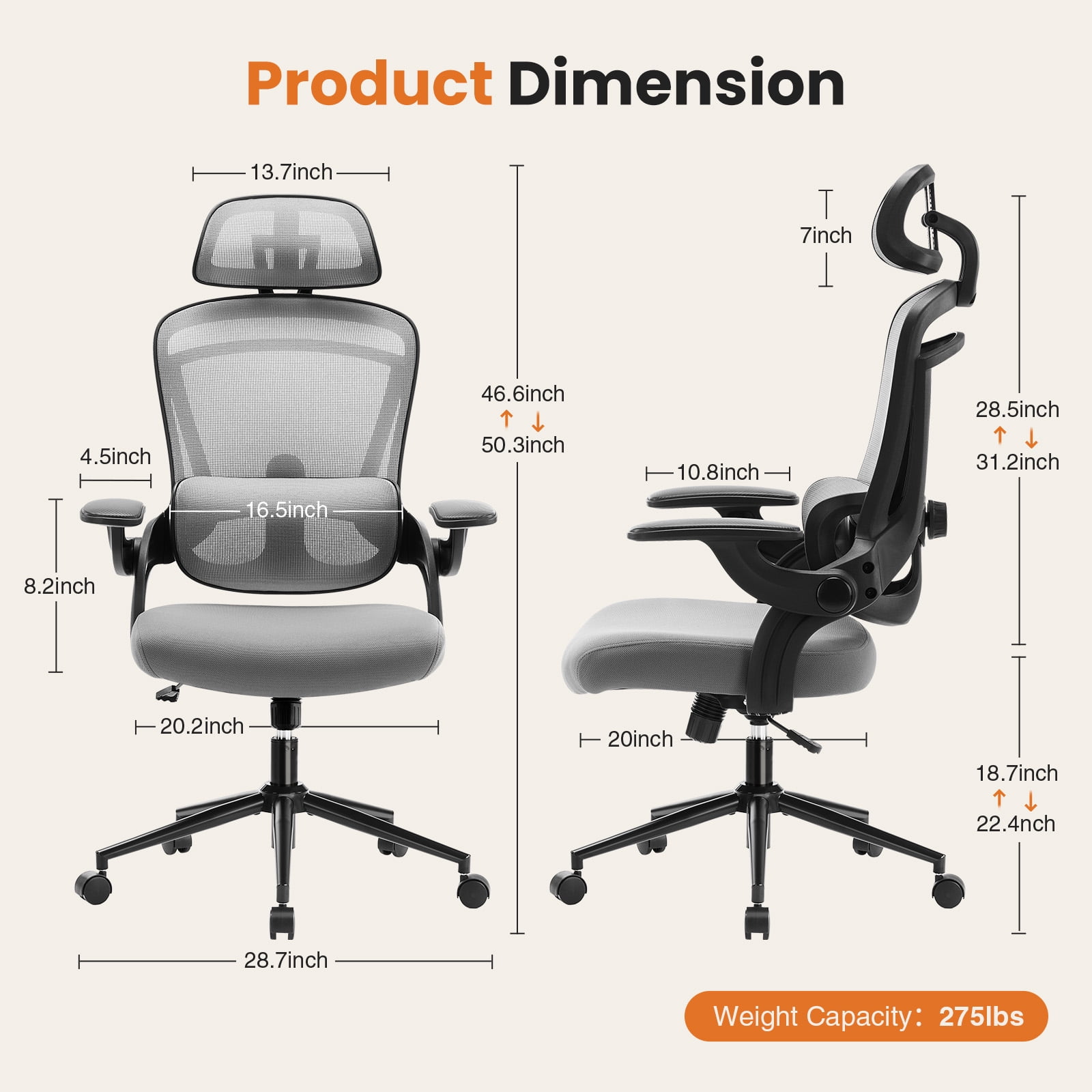 GIANNA Ergonomic Mesh Office Chair, High Back Desk Chair with Adjustable Lumbar Support, Headrest & Armrests, Swivel Task Chair, Grey