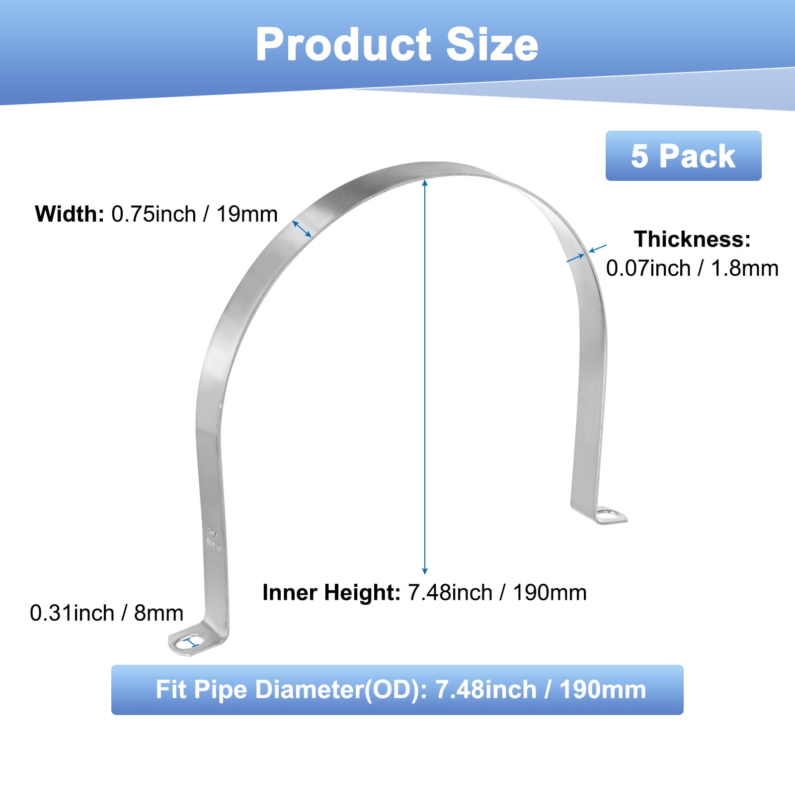Uxcell 5-Pack Conduit Clamps, 7-1/2" 304 Stainless Steel Rigid Pipe Strap M190 U Bracket Pipe Clamps for Plumbing