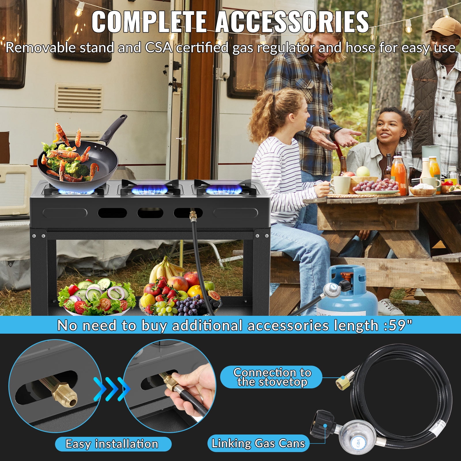 Propane Gas Stove-40000BTU Portable Gas Stove, with Removable Leg,Auto Ignition Camping Stove,3 Burner Propane Burner for RV, Apartment, Outdoor