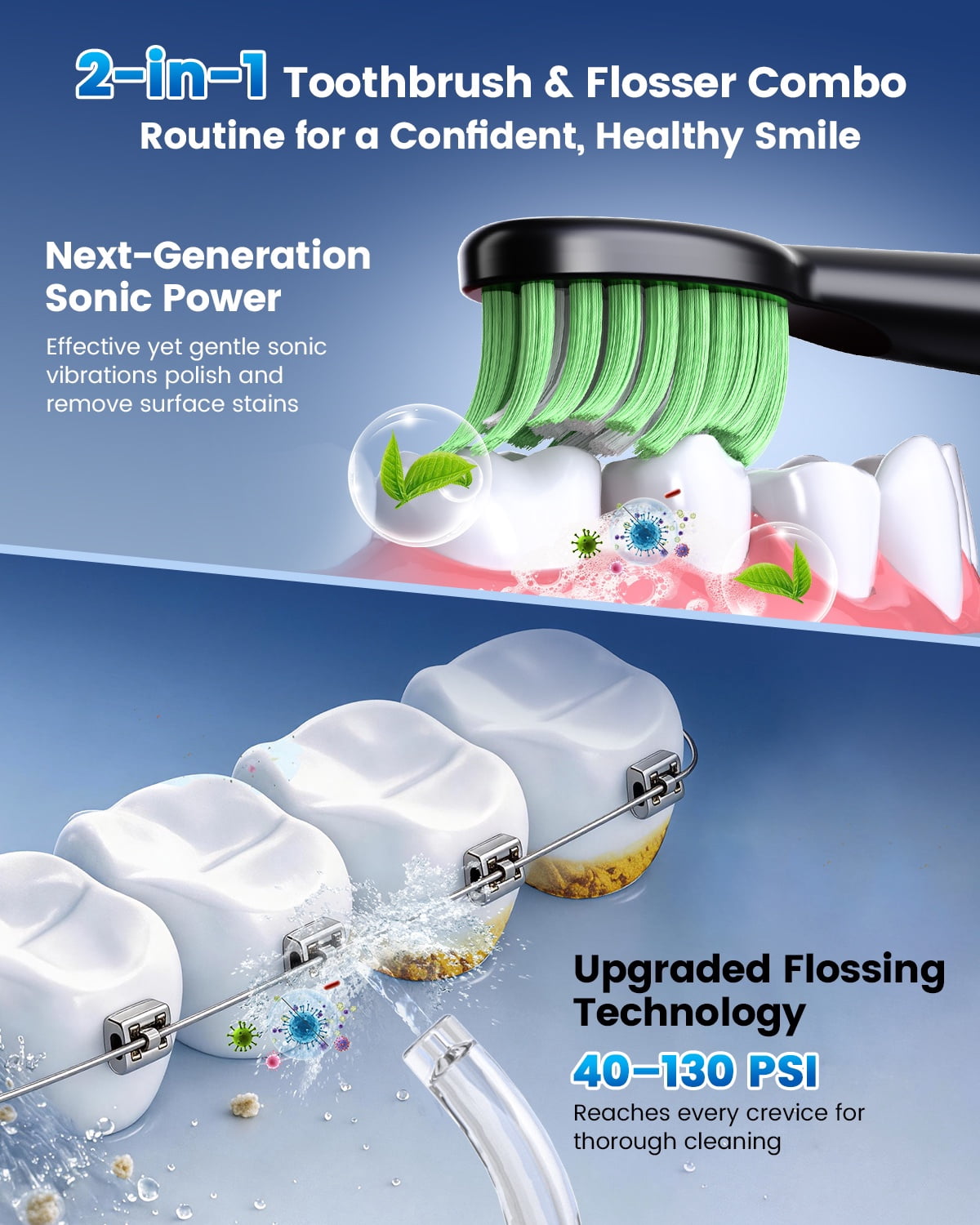 JTF 2-in-1 Oral Clean Kit- Electric Toothbrush & Water flosser Combo with Multiple Modes, 5 Brush Heads and 5 Jet Tips, Brushing & Flossing- Rechargeable for Teeth Cleaning and Gum Health, Black