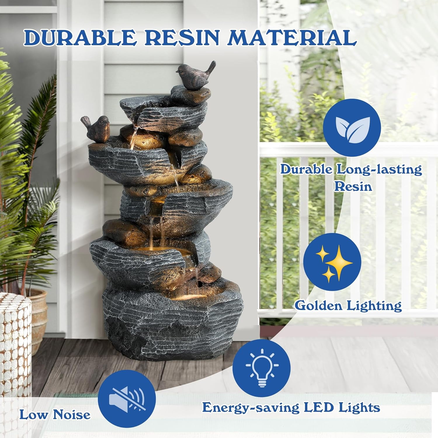 TITIMO 5-Tier Cascading Rock Water Fountain Outdoor Garden Waterfall with Lights, Fountain Indoor Decor for Garden, Patio, Backyard, Deck, Porch and Home Art Decor