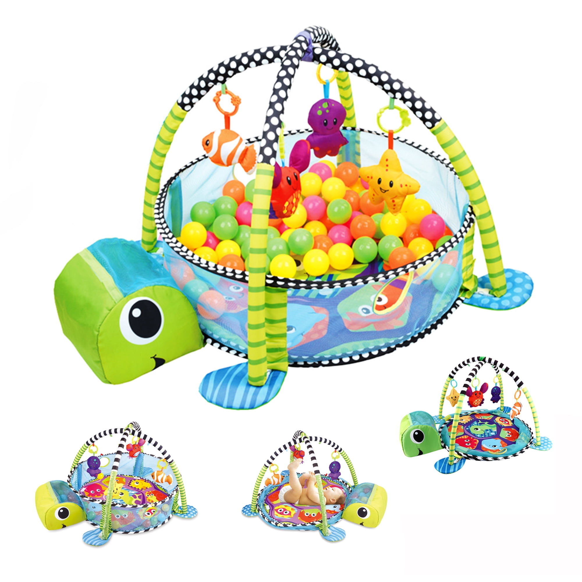 Cochildor Baby Play Gym Mat, 4 in 1 Turtle Tummy Time Activity Mat for Babies, with 30 Balls & 4 Detachable Sound Toys, Newborn Gift for Toddler Infants Age 0-36 Months
