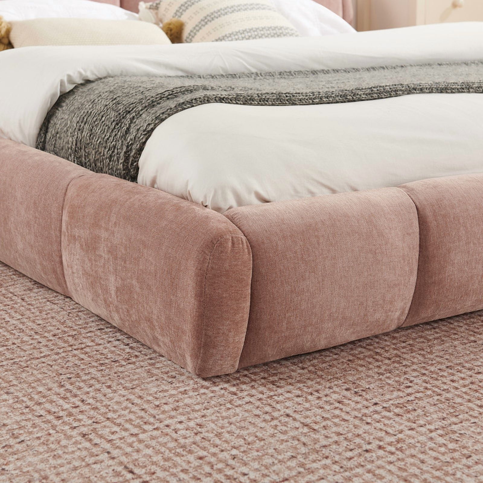 Queen/King Size Upholstered Platform Bed Frame, No Box Spring Required Low Profile Floor Bed with Padded Headboard & Footboard