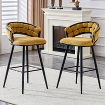 TesNus Yellow Velvet Bar Stools Set of 2, 39 Inch Counter Height Upholstered Stools with Black Iron Legs for Kitchen Island Home Bar