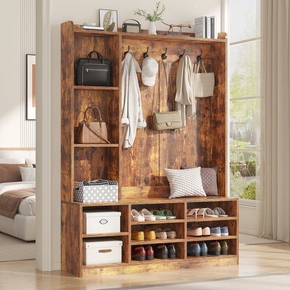 Brown Hall Tree with Storage Bench, 5-in-1 Entryway Bench with Coat Rack, Adjustable Shoe Storage, Hanging Hooks, Shoe Organizer for Entryway, White