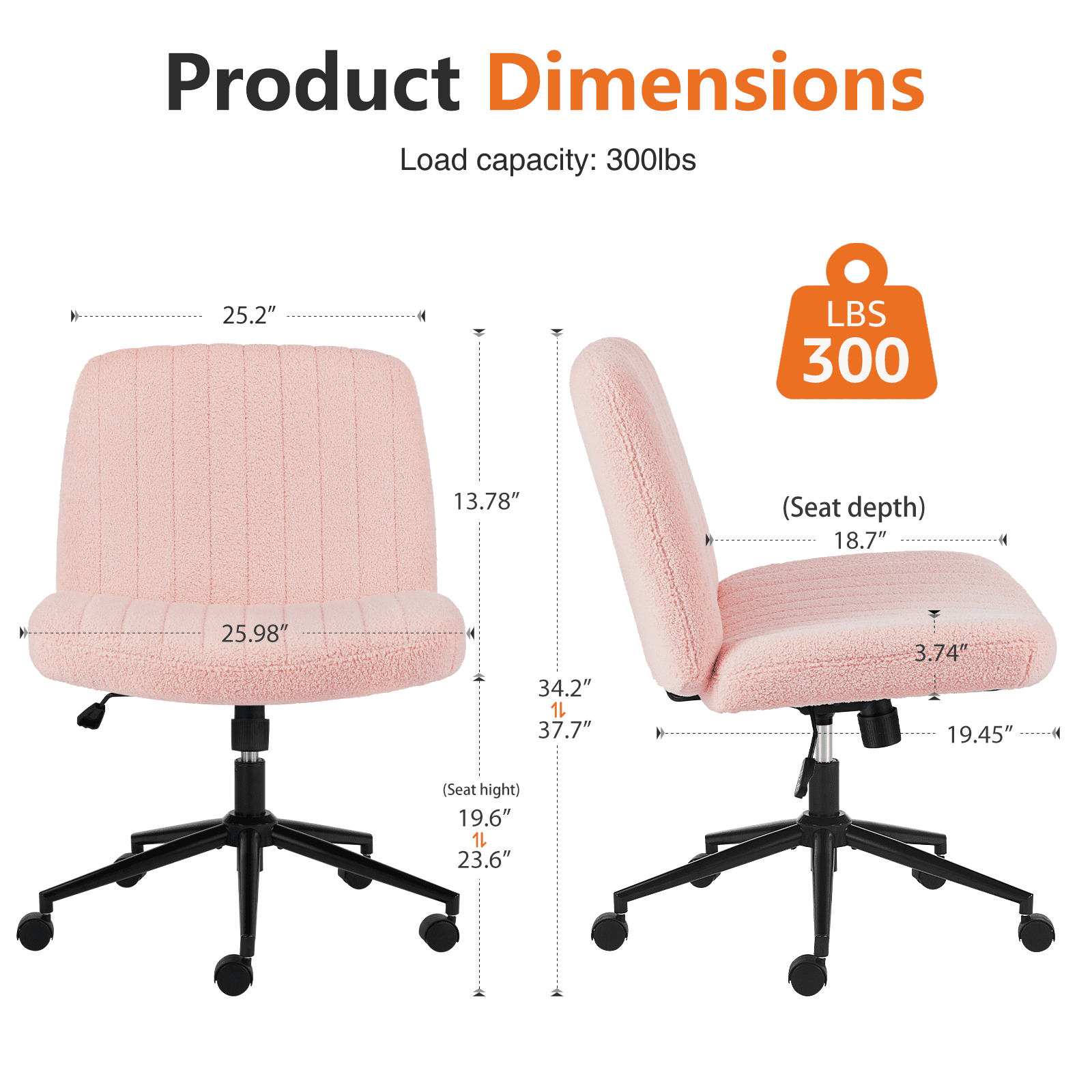 MAYEERTY Office Desk Vanity Chair Cross Legged Armless Swivel Fabric Height Adjustable Wide Seat with Replaceable Wheels/Fixed Base, Comfy Task Chair Padded