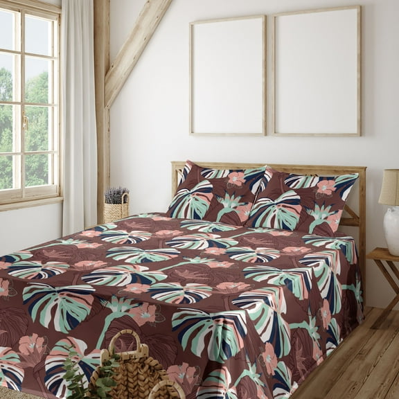 Ambesonne Tropical Fitted & Flat Sheet with Shams 4 Pcs Set, Simplified Exotic Flora, King, Pale Salmon Seafoam