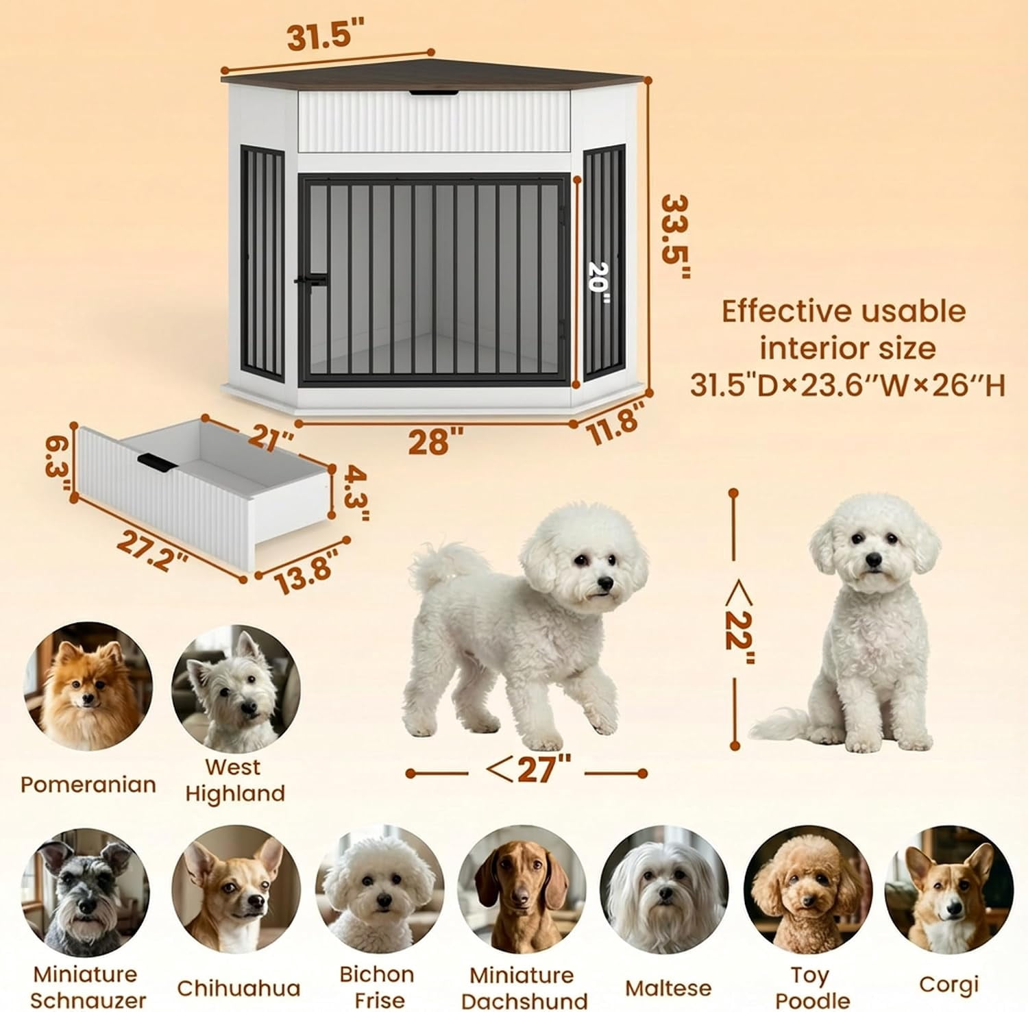 44.6" Corner MDF Dog Crate Furniture, Dog Kennel End Table with Fluted Drawer Storage, White for Small/Medium Dogs Indoor