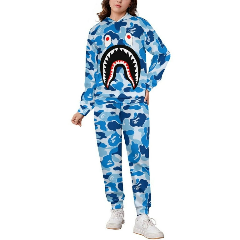 Bape Shark Camo Tracksuit Pullover Hoodie And Sweatpants 2 Pieces Sweatsuit Jogging Pants Set for Boys Girls