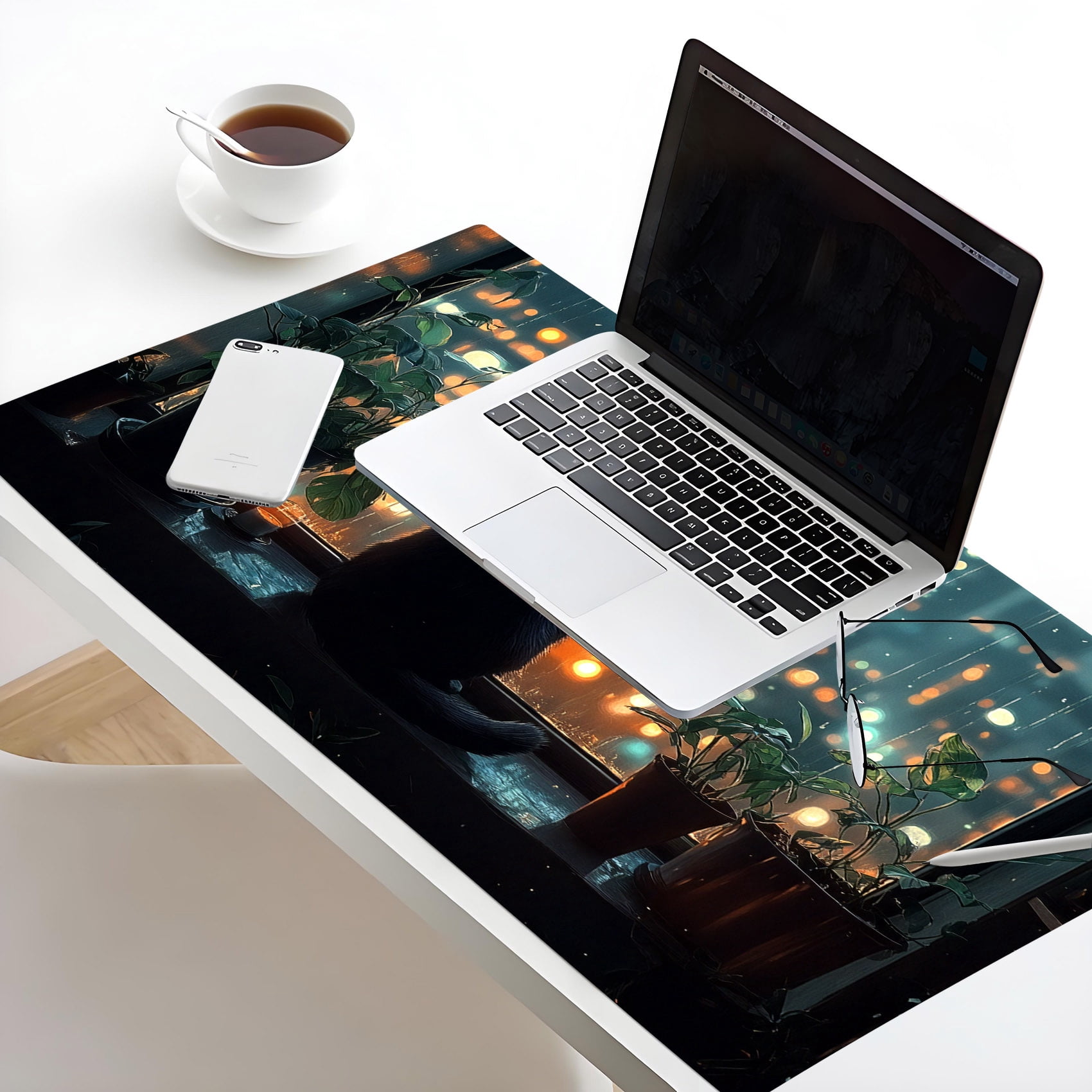 NEONWE Black Cat Gaming Mouse Pad Green Plants Japanese Anime Cute Large Desktop Mouse Pad with Stitched Edges Non-slip Rubber for Work Game Office Home, 3mm Thick, 31.5 X 15.75 Inch