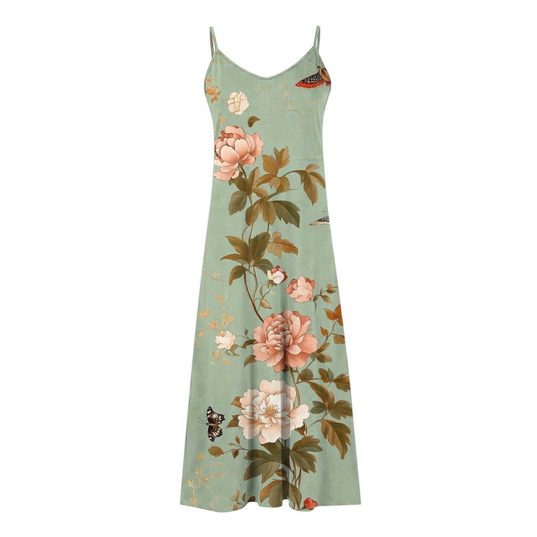 Frostluinai Women's Summer Long Dress Spaghetti Strap Floral Print V Neck  Beach Cami Maxi Dresses Vestido Midi de Fiesta Estampado de Flores -  Walmart.com