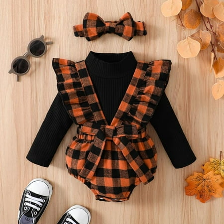 

Newborn Baby Girl Christmas Outfit Long Sleeve Top Buffalo Plaid Suspender Shorts Headband Fall Clothes