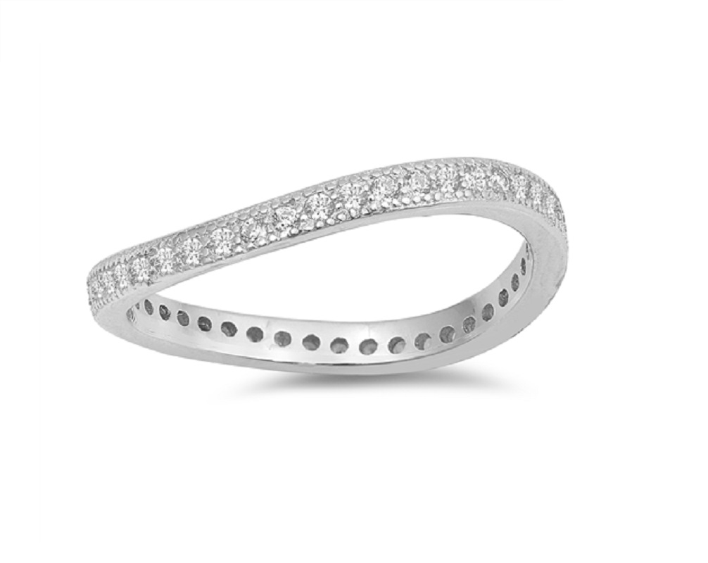 Clear Cubic Zirconia Eternity Curved Band Ring Sterling Silver