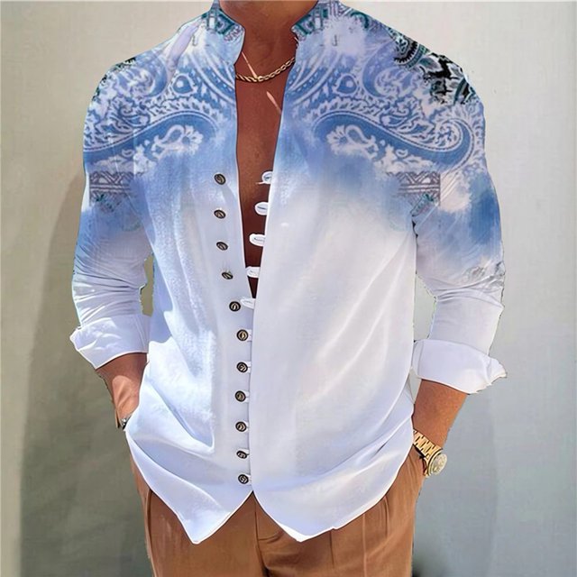 Men Casual Vintage Print Loose Long Sleeve Button Down Tops Blouse Dress Shirt