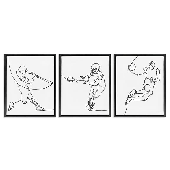Stupell Industries Simple Line Doodle Playing Sports Sports Painting Black Floater Framed Canvas Art Print Wall Art, 17 x 21, Set of 3