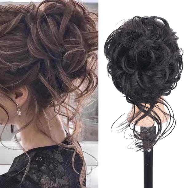 Bollo De Pelo Ondulado 1 pieza de cabello rizado con clip de garra Extensión de cabello desordenado para dama (marrón negro)