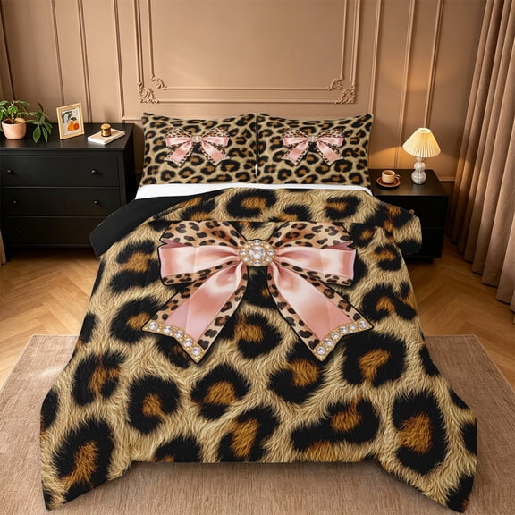 Erosebridal Leopard Animal Print Full Size Comforter Sets For Women,Pink Girly Bow Bedding Sets For Girls Kids,Black Reversible,3-Piece