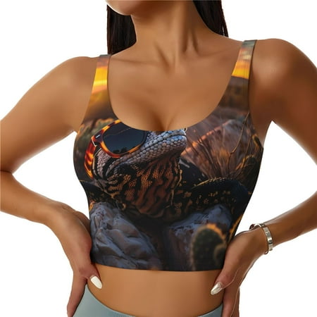 Adobk Lizard With Sunglasses Sunset Print Sports Bras for Women Longline Workout Crop Tank Tops Padded with Built in Shelf Padded Sports Bra-X-Large