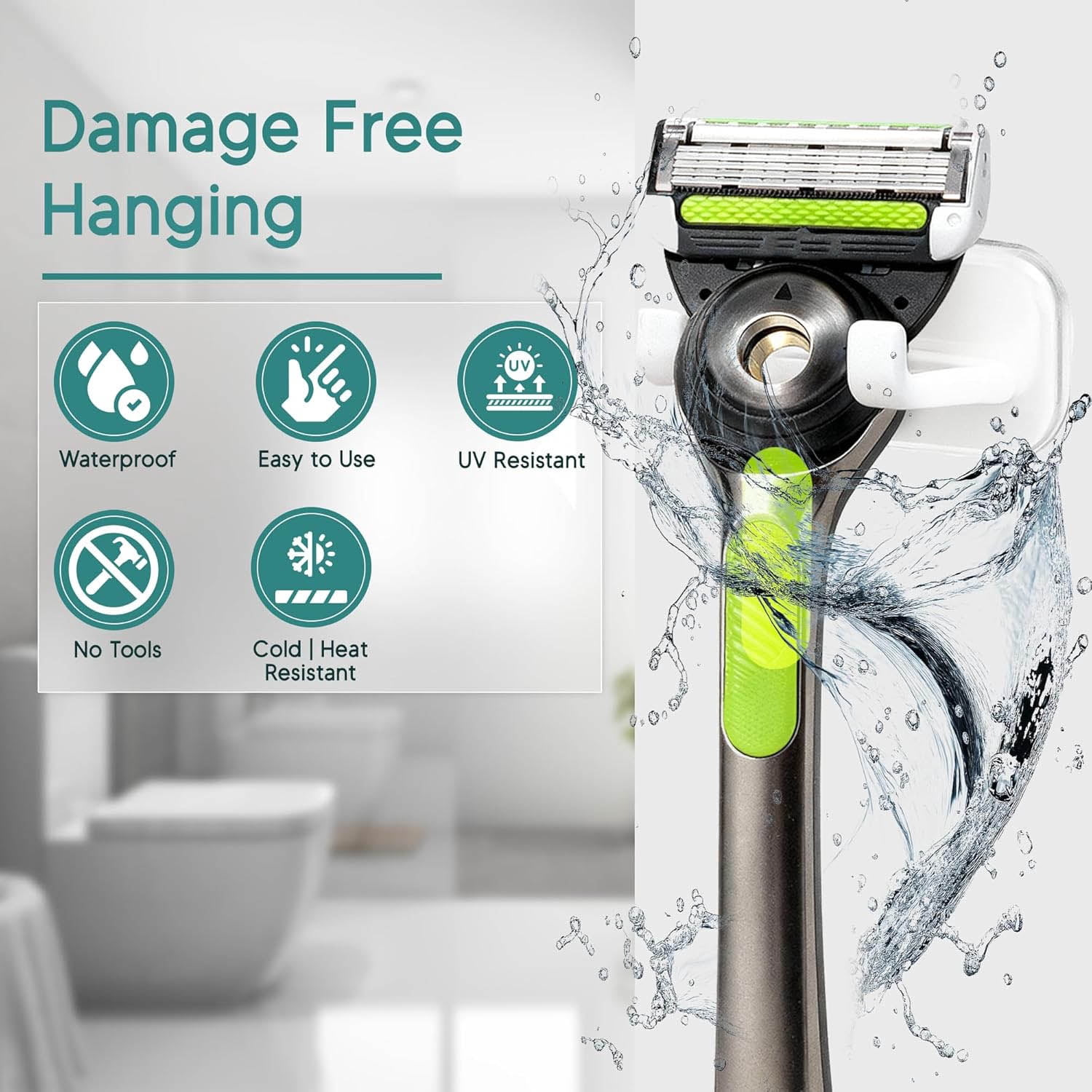 Strong Adhesive Shower Razor Holder, 2-Pack, Removable & Reusable Waterproof Hooks – White