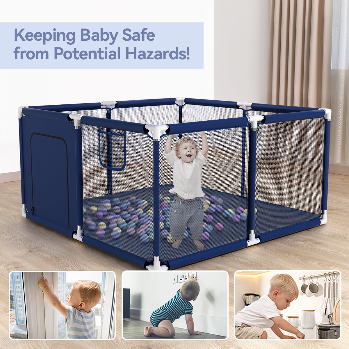 Baby Playpen, Outdoor Play Yard, Portable Play Yard 4-Panel- Baby Safety Playpen for Infant Toddler Boys,Navy
