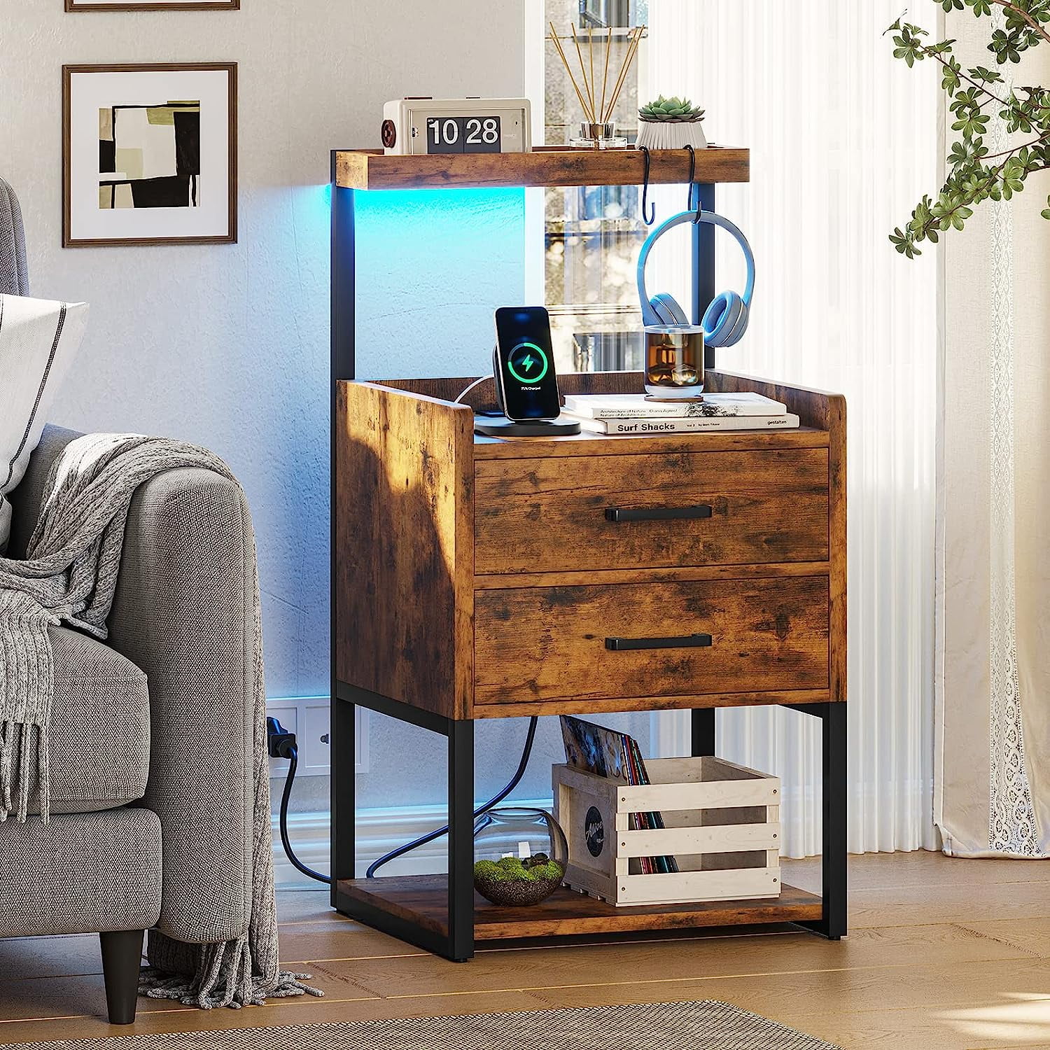 LED Nightstand for Bedroom with LED Lights&Charging Station, Modern