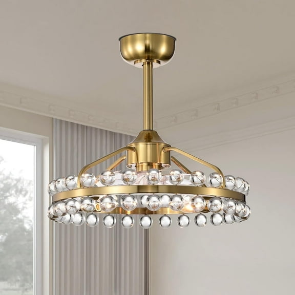 Maxax 21" Reversible Rotation Crystal Ceiling Fan with Lights, 6 Speed Invisible Blade Ceiling Fan with Lights, Remote Control Gold Ceiling Fan with Lights for Living Room Bedroom